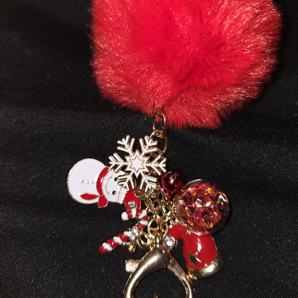 Red Pom Pom Keychain with Snowman Charm NWOT